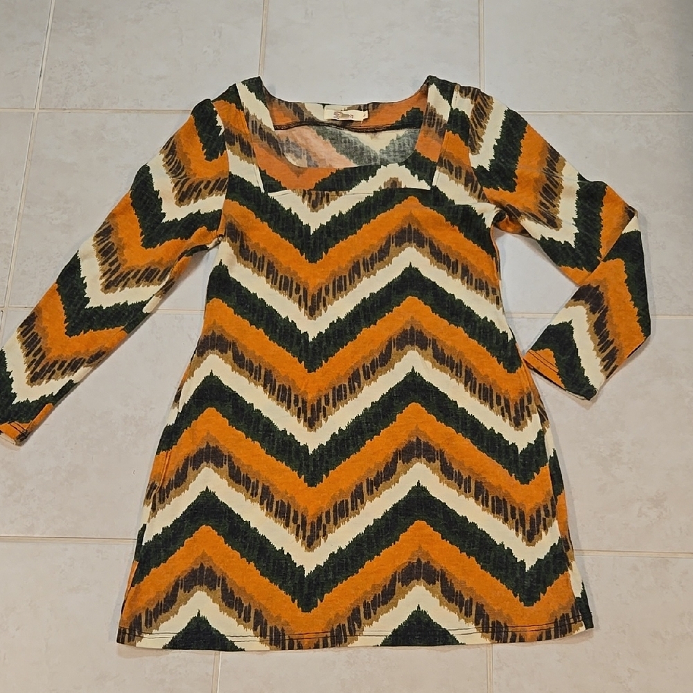 Aryeh Womens Size Large Chevron Long Sleeve Mini Dress Green, Orange